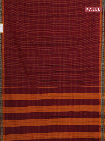 Narayanpet cotton saree maroon and mustard yellow with allover checked pattern and thread woven border