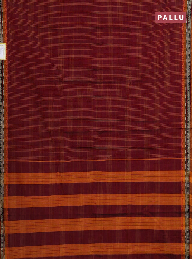 Narayanpet cotton saree maroon and mustard yellow with allover checked pattern and thread woven border