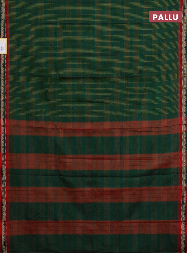 Narayanpet cotton saree green and maroon with allover checked pattern and thread woven border