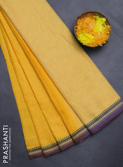 Narayanpet cotton saree yellow with plain body and thread woven border