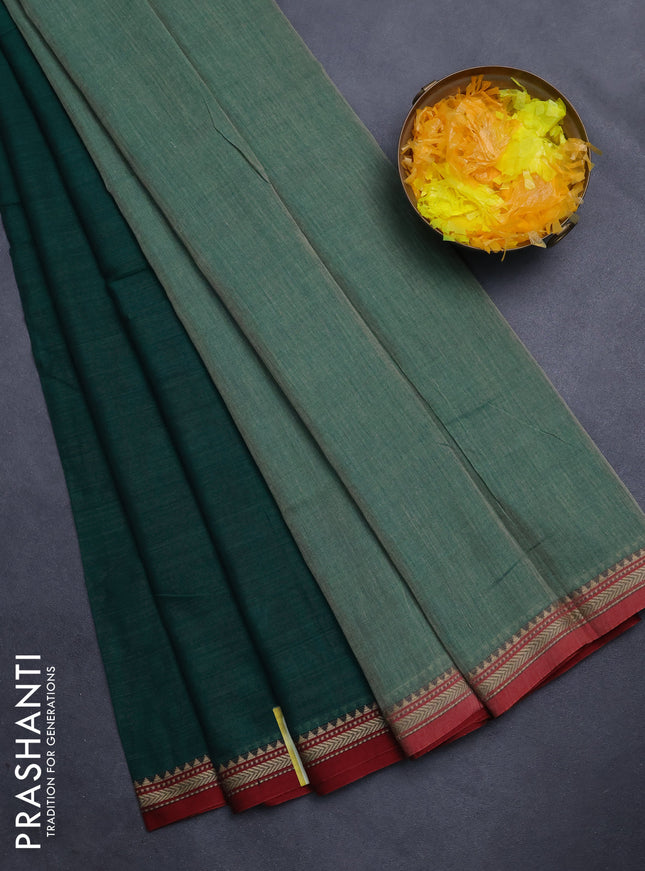 Narayanpet cotton saree green and maroon with plain body and thread woven border