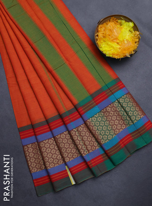 Narayanpet cotton saree orange and green with plain body and thread woven border