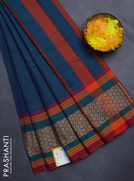 Narayanpet cotton saree dual shade of bluish green and maroon with plain body and thread woven border