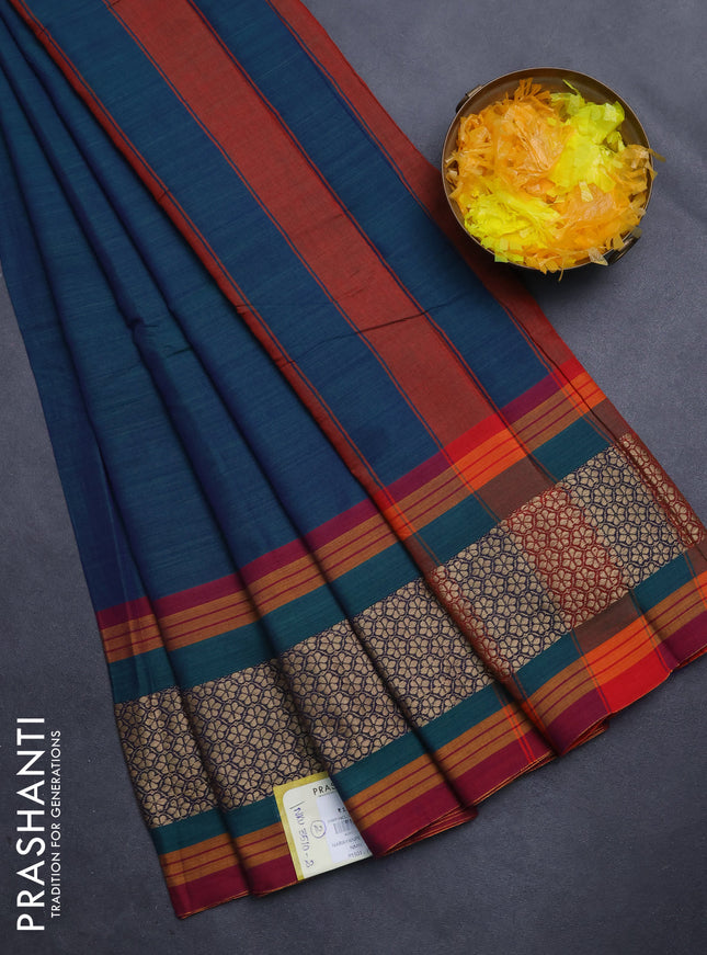 Narayanpet cotton saree dual shade of bluish green and maroon with plain body and thread woven border