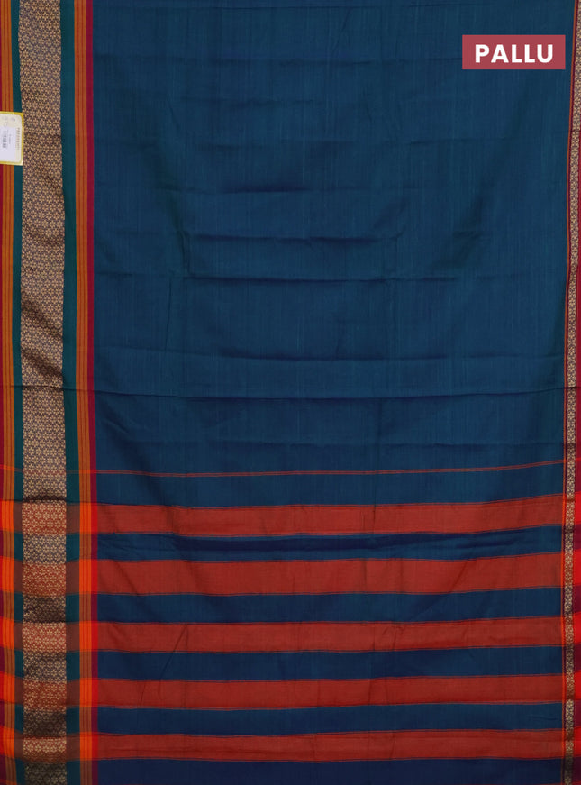 Narayanpet cotton saree dual shade of bluish green and maroon with plain body and thread woven border