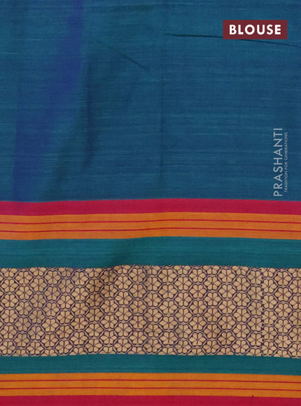 Narayanpet cotton saree dual shade of bluish green and maroon with plain body and thread woven border