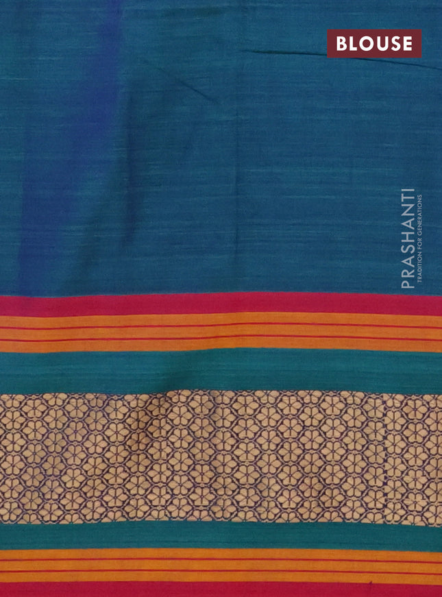 Narayanpet cotton saree dual shade of bluish green and maroon with plain body and thread woven border
