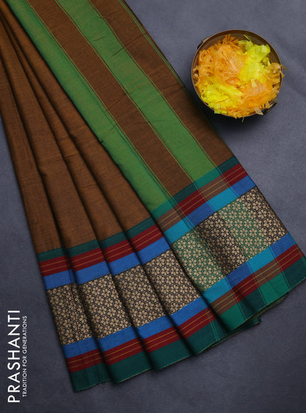 Narayanpet cotton saree dark mustard and green with plain body and thread woven border