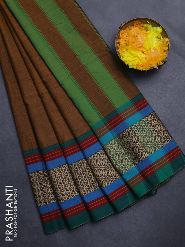 Narayanpet cotton saree dark mustard and green with plain body and thread woven border