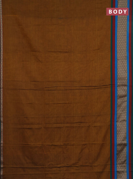 Narayanpet cotton saree dark mustard and green with plain body and thread woven border