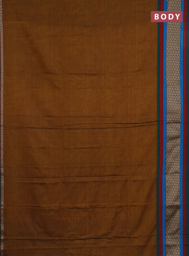 Narayanpet cotton saree dark mustard and green with plain body and thread woven border