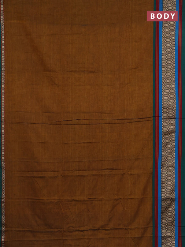 Narayanpet cotton saree dark mustard and green with plain body and thread woven border
