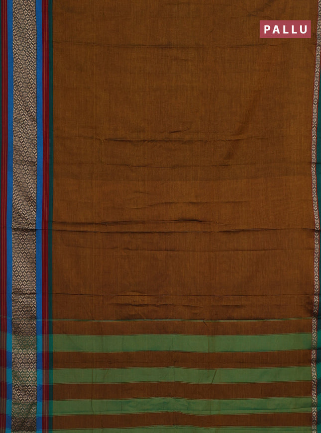Narayanpet cotton saree dark mustard and green with plain body and thread woven border