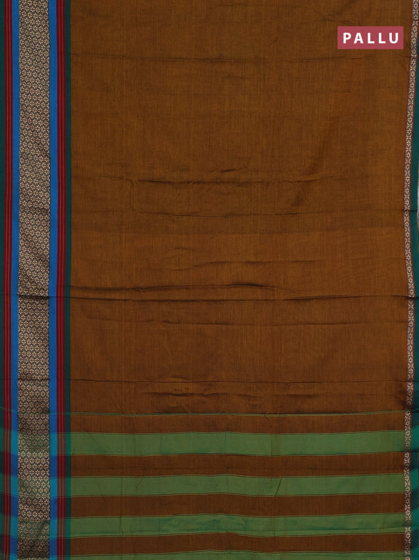 Narayanpet cotton saree dark mustard and green with plain body and thread woven border