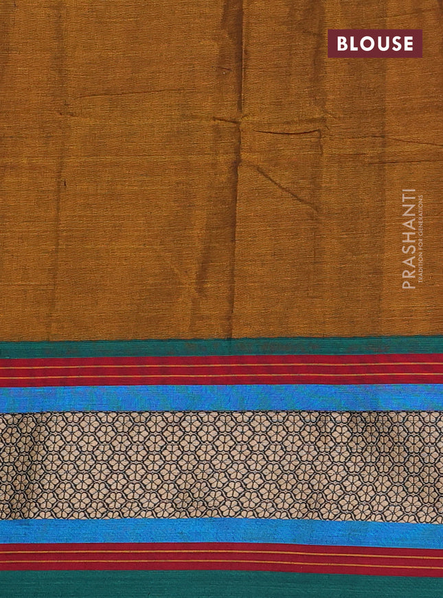 Narayanpet cotton saree dark mustard and green with plain body and thread woven border