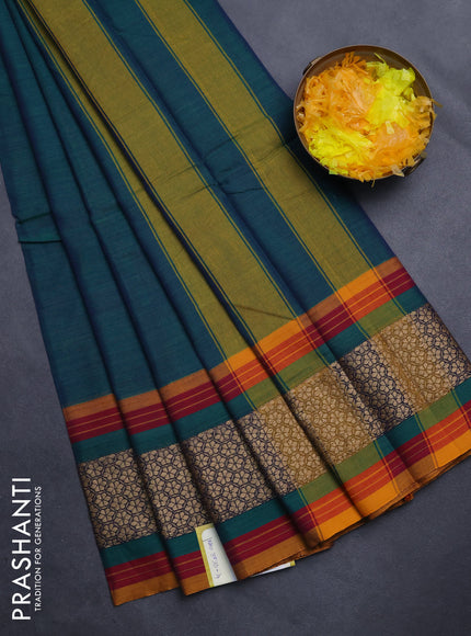 Narayanpet cotton saree dual shade of green and mustard yellow with plain body and thread woven border