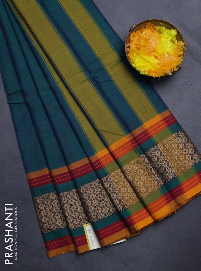 Narayanpet cotton saree dual shade of green and mustard yellow with plain body and thread woven border