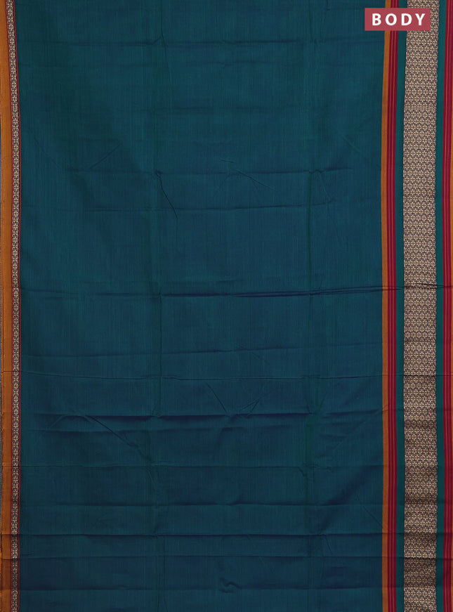 Narayanpet cotton saree dual shade of green and mustard yellow with plain body and thread woven border