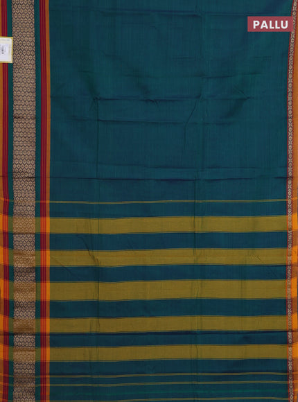 Narayanpet cotton saree dual shade of green and mustard yellow with plain body and thread woven border
