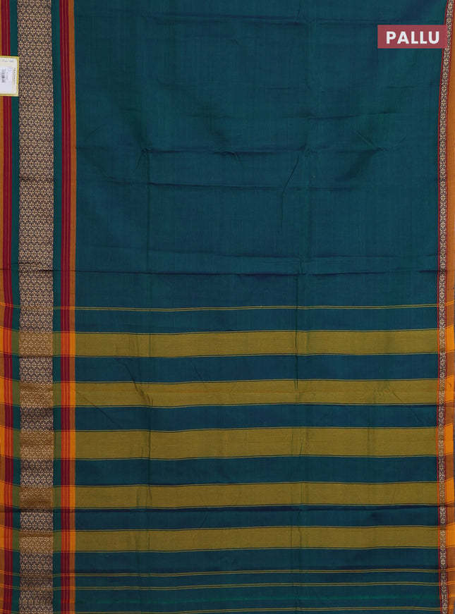 Narayanpet cotton saree dual shade of green and mustard yellow with plain body and thread woven border