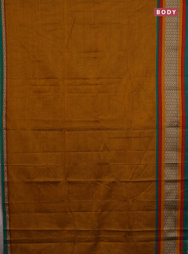 Narayanpet cotton saree dark mustard and green with plain body and thread woven border
