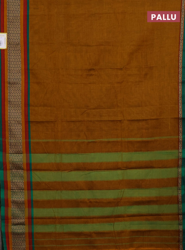 Narayanpet cotton saree dark mustard and green with plain body and thread woven border
