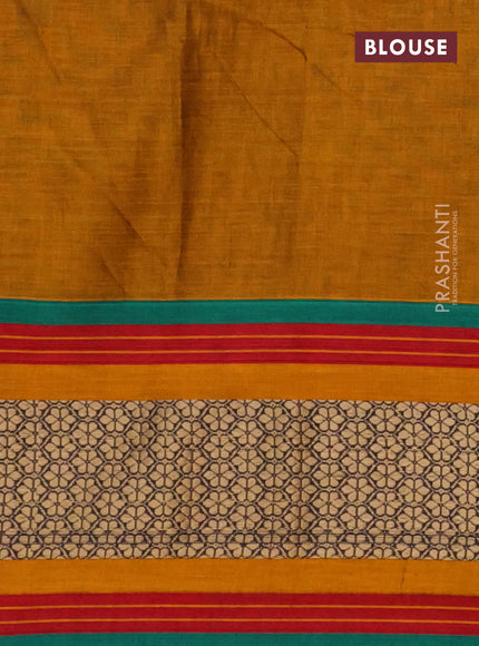 Narayanpet cotton saree dark mustard and green with plain body and thread woven border