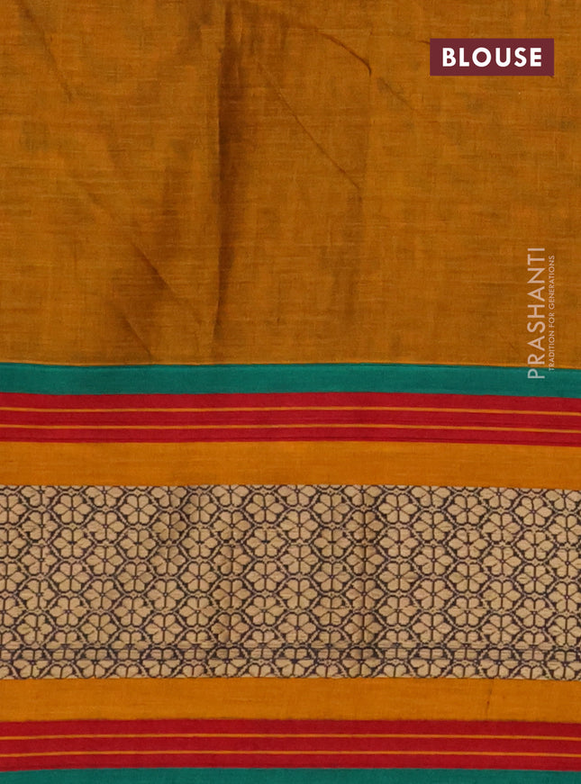 Narayanpet cotton saree dark mustard and green with plain body and thread woven border