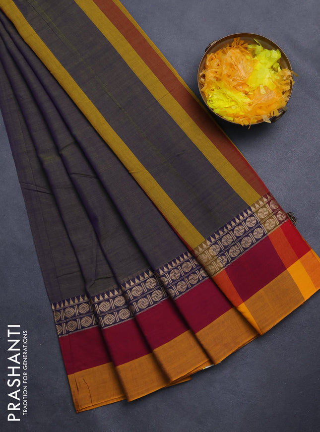 Narayanpet cotton saree dual shade of bluish green and maroon mustard yellow with plain body and thread woven border