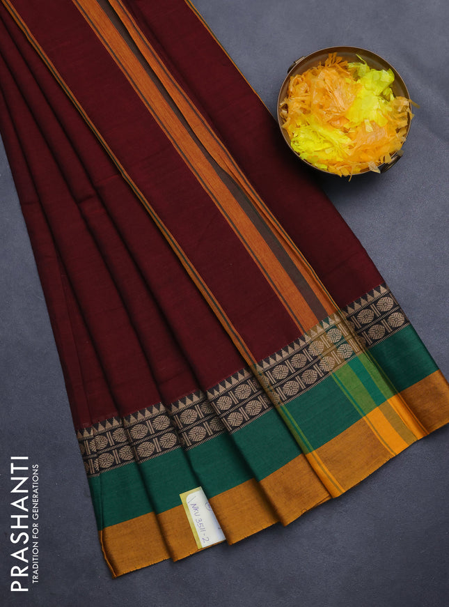 Narayanpet cotton saree maroon and green mustard yellow with plain body and thread woven border