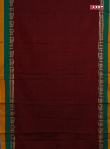 Narayanpet cotton saree maroon and green mustard yellow with plain body and thread woven border