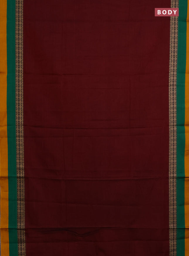 Narayanpet cotton saree maroon and green mustard yellow with plain body and thread woven border
