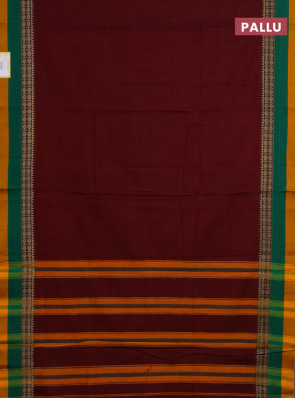 Narayanpet cotton saree maroon and green mustard yellow with plain body and thread woven border