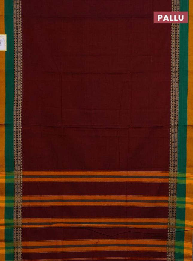 Narayanpet cotton saree maroon and green mustard yellow with plain body and thread woven border