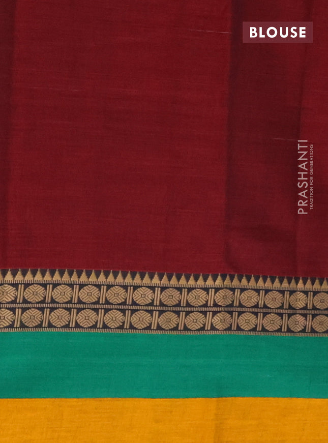 Narayanpet cotton saree maroon and green mustard yellow with plain body and thread woven border