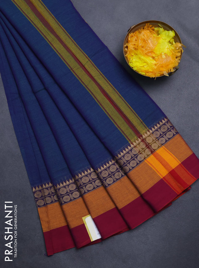 Narayanpet cotton saree dual shade of bluish green and mustard yellow maroon with plain body and thread woven border