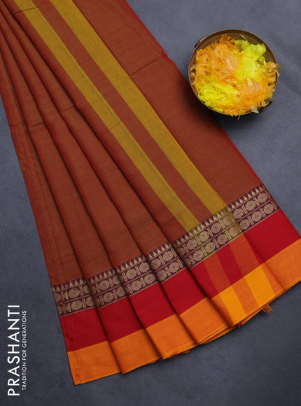 Narayanpet cotton saree rust shade and red mustard yellow with plain body and thread woven border