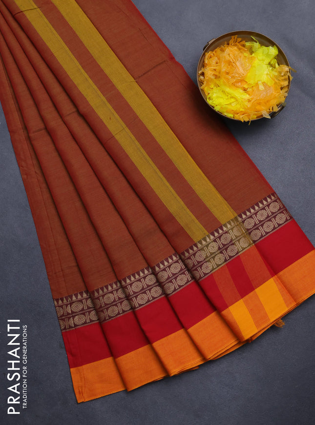 Narayanpet cotton saree rust shade and red mustard yellow with plain body and thread woven border