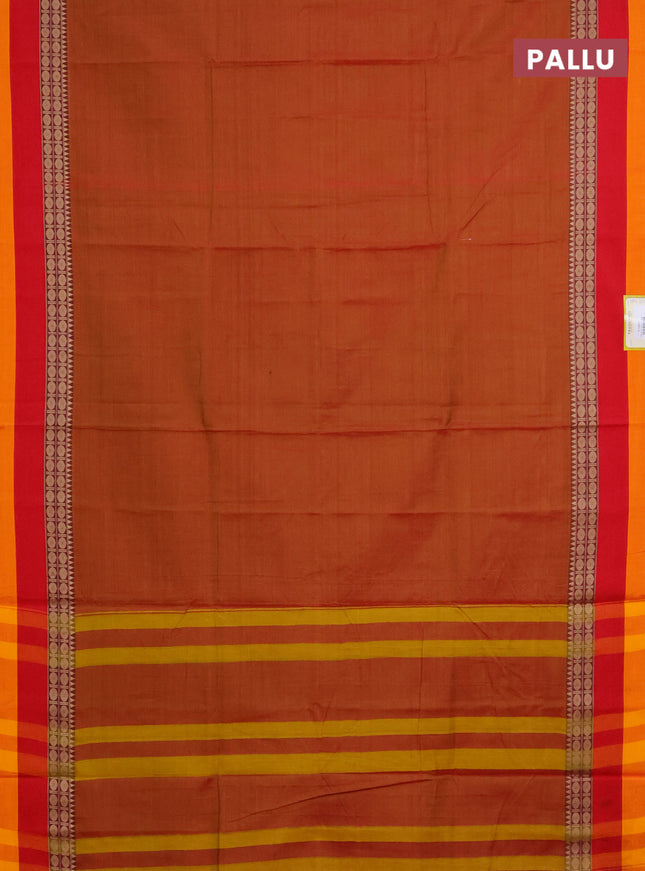 Narayanpet cotton saree rust shade and red mustard yellow with plain body and thread woven border