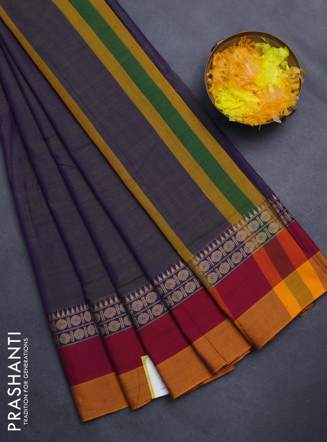 Narayanpet cotton saree dual shade of bluish green and maroon mustard yellow with plain body and thread woven border