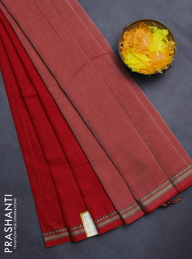 Narayanpet cotton saree red with plain body and thread woven border