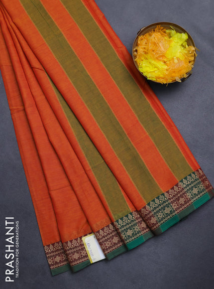 Narayanpet cotton saree orange and green with plain body and thread woven border