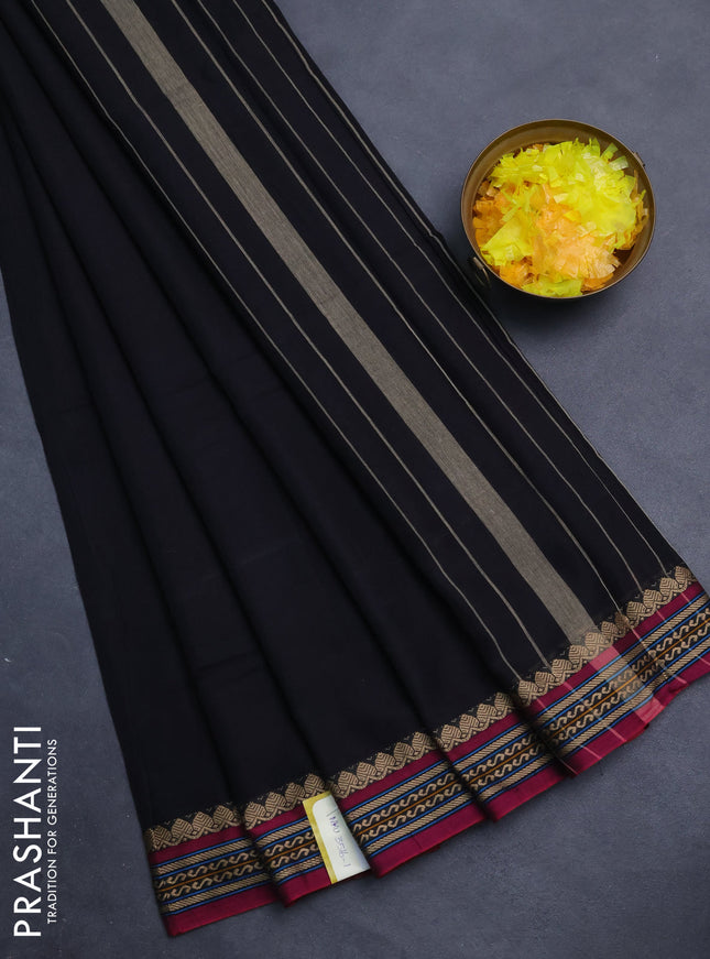 Narayanpet cotton saree black and magenta pink with plain body and thread woven border