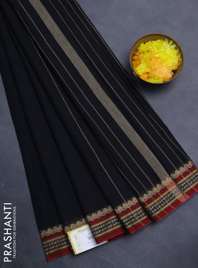 Narayanpet cotton saree black and maroon with plain body and thread woven border