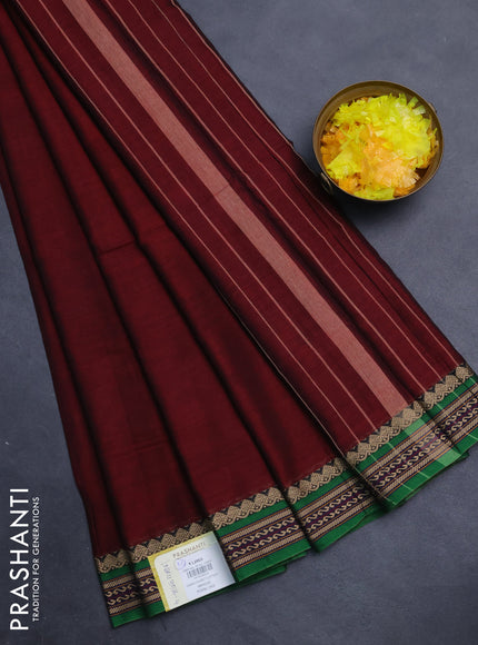 Narayanpet cotton saree maroon and green with plain body and thread woven border