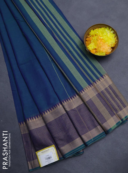 Narayanpet cotton saree dual shade of bluish green and blue with plain body and thread woven border