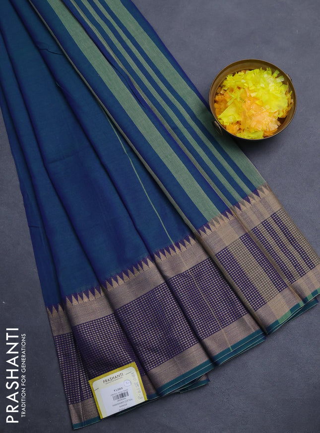 Narayanpet cotton saree dual shade of bluish green and blue with plain body and thread woven border