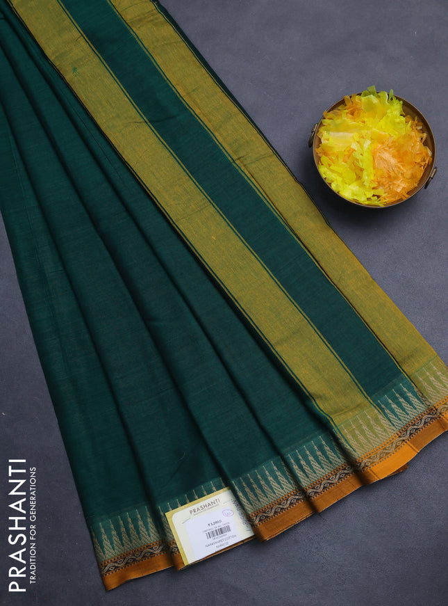 Narayanpet cotton saree green and mustard yellow with plain body and temple design border