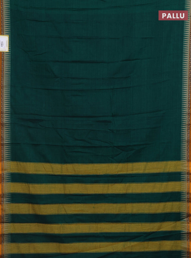 Narayanpet cotton saree green and mustard yellow with plain body and temple design border