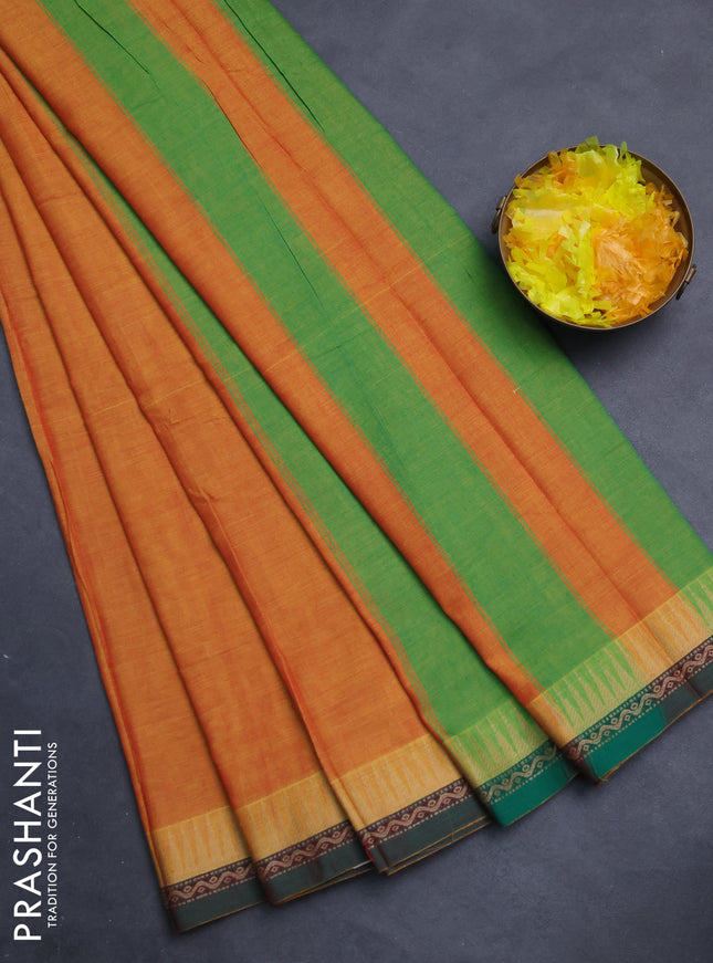 Narayanpet cotton saree mustard yellow and dual shade of green with plain body and temple design border